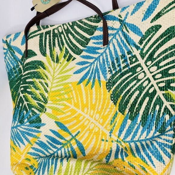 Shopper Purse Tote Eco‎ Bag 17"  Yellow & Green Tropical Paper Handmade - Picture 2 of 6